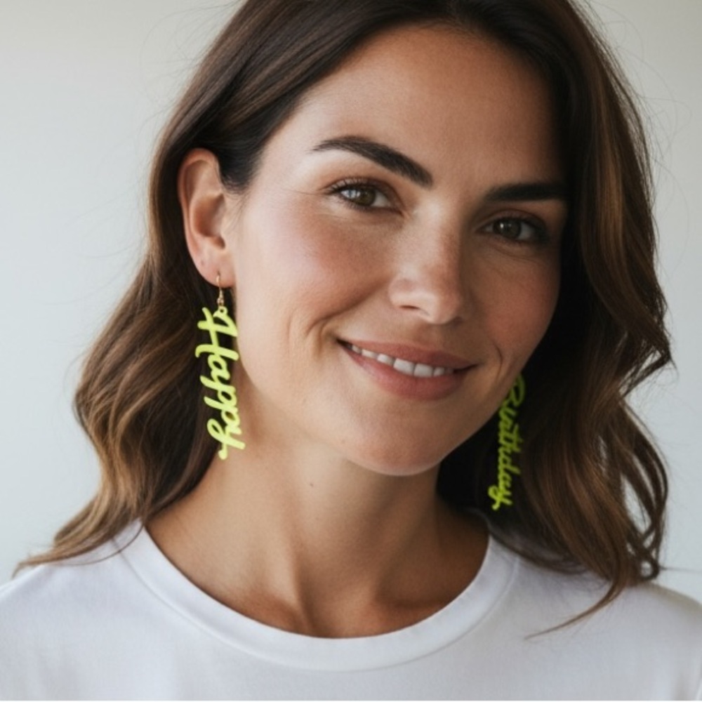 ❤️Neon Yellow happy birthday Statement Earrings - Picture 2 of 2